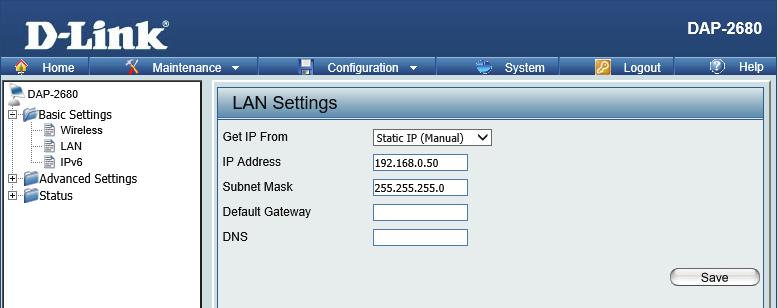 LAN LAN is short for Local Area Network. This is considered your internal network. These are the IP settings of the LAN interface for the DAP-2680.