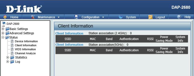 Client Information This page displays the associated clients SSID, MAC, band, authentication method, signal strength, and power saving mode for the DAP-2680 network.