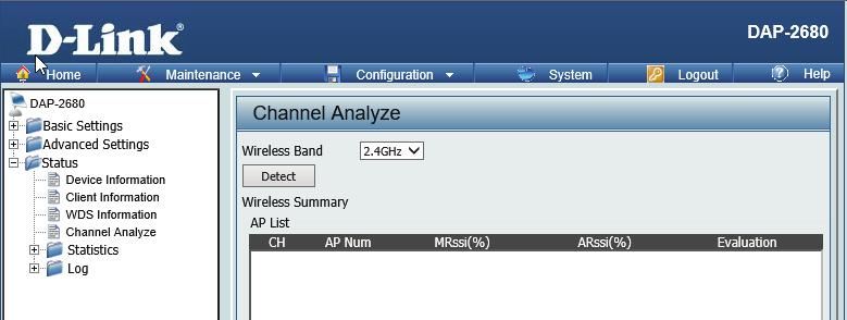 Channel Analyze Wireless Band: Detect: AP List: Select either 2.4Ghz or 5GHz.
