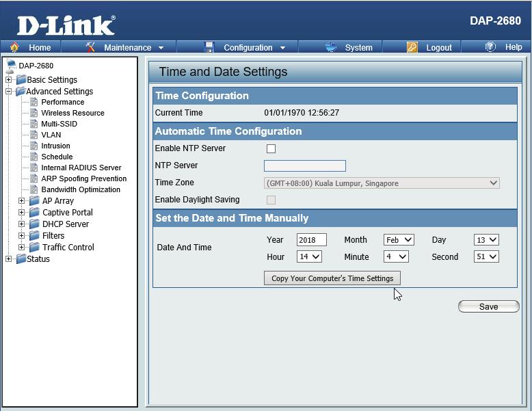 Time and Date Settings Enter the NTP server IP, choose the time zone, and enable or disable daylight saving time.