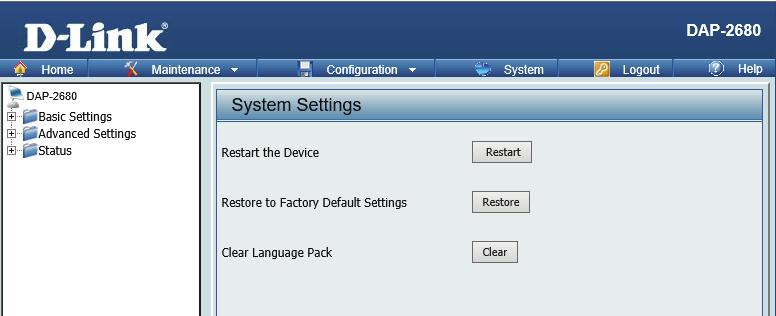 System Settings On this page the user can restart the unit, perform a factory reset of the access point or clear the added language pack.