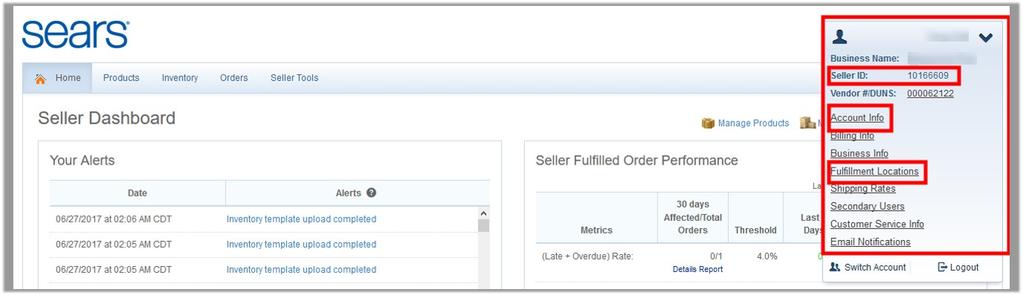 To copy the Id, key and fulfillment location details from the Seller panel 1. Go to the Sears Seller panel. 2.