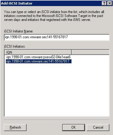 3. Identify iscsi Initiator: Select the iscsi initiator IQN name from the ESX Server host. Select Next to continue. For a new initiator, type in the IQN. Figure 24: iscsi initiator selection wizard 4.