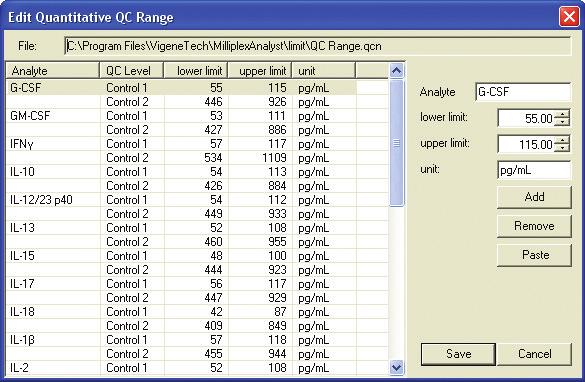 Repeat until all the groups have been analyzed. QC Range Editor Select Analysis/QC Range... to open the file browser to load in a Quantitative QC Range (*.qcn) file.