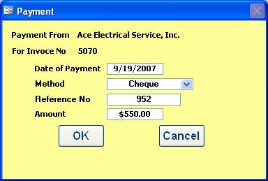 7. Record Payment this button is used when you need to record payments you have received for invoices you have sent out. See illustration below. Enter Method of Payment, Reference No.