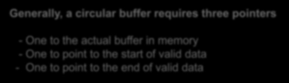 Generally, a circular buffer requires three pointers - One to the actual buffer in memory - One to point to the start of valid data - One to point to the end of valid data Alternatively, a