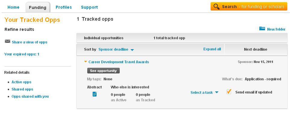 You may notice opps on your Tracked list with a shared icon next to the opp name. This indicates that a Pivot Research Administrator from your institution placed this on your Tracked list.