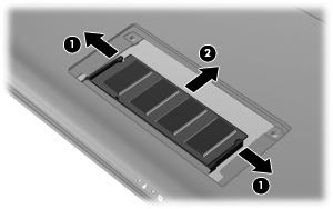 8. Lift the memory module compartment cover (2) away from the device. 9. Remove the existing memory module: a. Pull away the retention clips (1) on each side of the memory module.