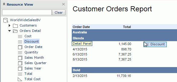 4. Drag the Discount field in the Orders Detail category to the