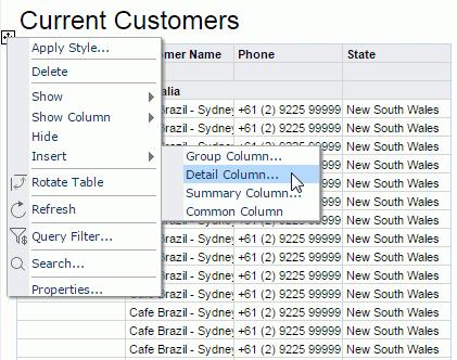 In the Insert Detail Column dialog, select Address 1 from the Customers category