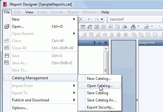 2. On the JReport Designer menu bar, click File > Catalog Management > Open Catalog. The Open Catalog File dialog appears. 3. Browse to select the JinfonetGourmetJava.