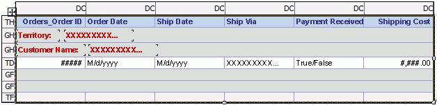 7. Double-click the Orders_Order ID label in the TableHeader panel and edit its text to Order ID. 8. Select the Ship Via DBField and resize it to make sure no data get truncated.