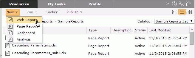 3. Click Resources on the system toolbar to switch to the page, then go to the Public Reports > SampleReports folder. 4. Click New > Web Report on the task bar. 5. The Web Report Wizard appears.