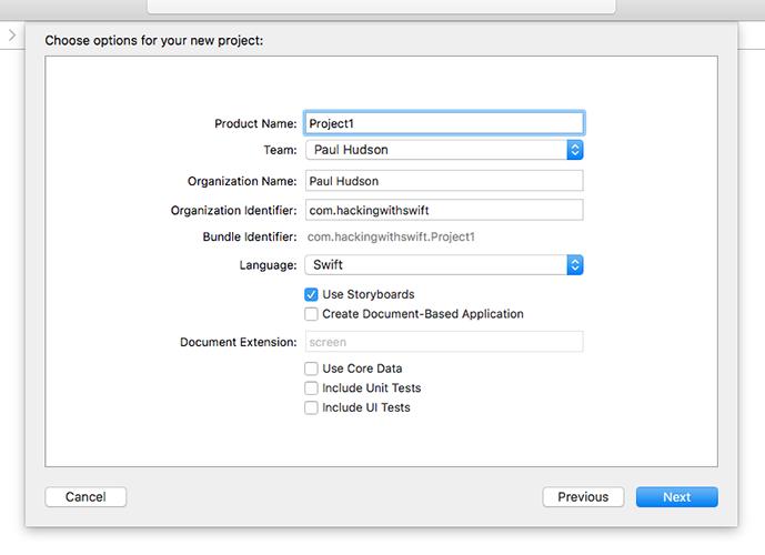 Project 1: Storm Viewer For Product Name enter Project1, then make sure you have Swift selected for language.
