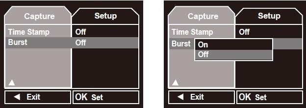 12) Burst Turn on the Burst option, it will snap three images continuously each time.