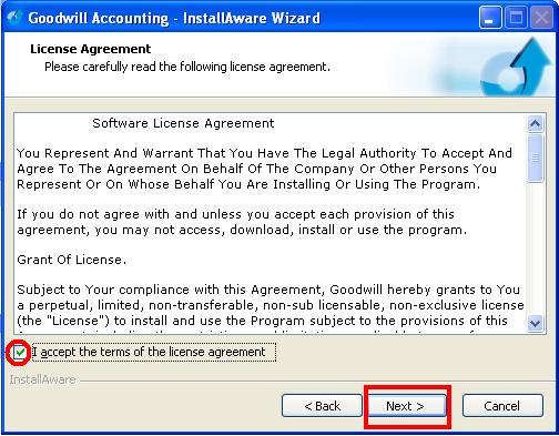 STEP 3: Select the license agreement option i.e. I accept the terms in the license agreement to install Goodwill Accounting Freeware.