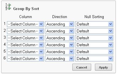 Using the Actions Menu 3. Select a column, the sort direction (Ascending or Descending), and Null Sorting behavior (Default, Nulls Always Last, or Nulls Always First). 4. Click Apply.