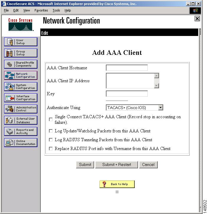 Configuring a TACACS+ Server for Use with the GSS Chapter 4 Figure 4-2 Add AAA Client Page of Cisco Secure ACS 2.