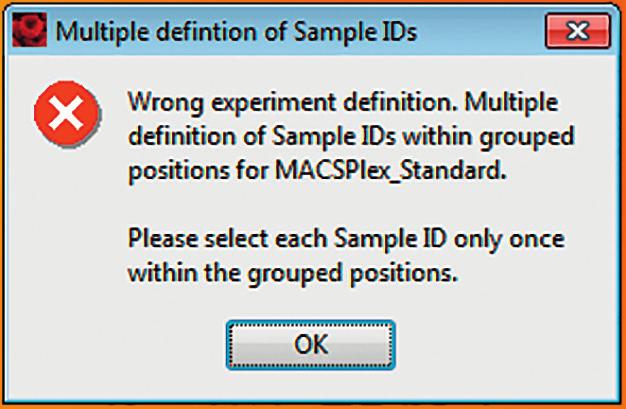 A warning window appears when starting the MACSPlex_ Standard Express Mode, stating a multiple defintion of Sample IDs.