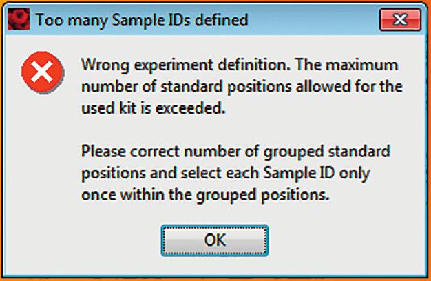 Within the grouped positions for the current MACSPlex_ Standard measurement Sample IDs has be selected twice or more. Assure that each Sample ID is only selected once within the grouped positions.
