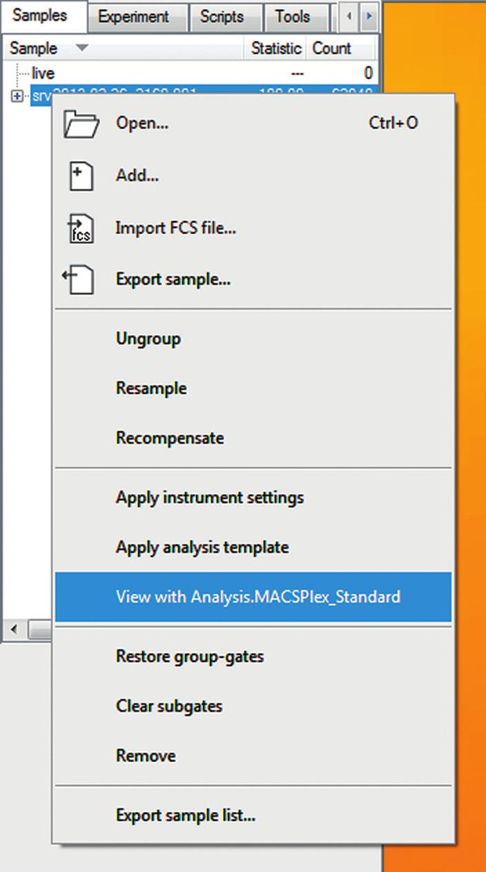 3. Right-click on the file name and select View with Analysis.<name of the Express Mode> (i. e., MACSPlex_Standard or MACSPlex_Sample) for accessing the Express Mode analysis template.