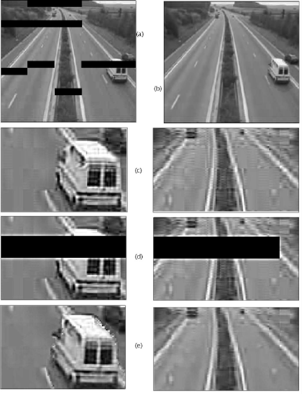 12 TRANSACTIONS ON MULTIMEDIA, VOL. 5, NO. 2, JUNE 2003 Fig. 7. ATM cell loss for the 100th image of the sequence Road, decoded by (a) the standard algorithm, and by (b) the proposed method.