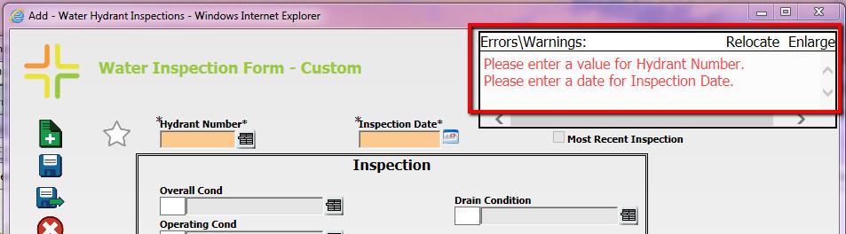 If data is not entered in the required fields, messages will appear in the Errors/Warnings box upon attempting to