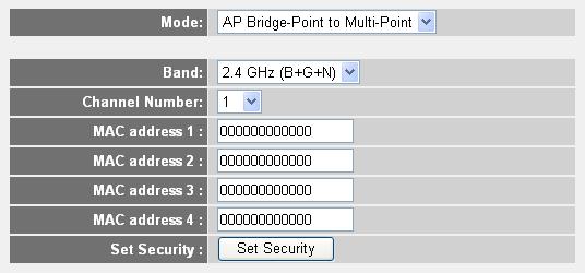 2-7-1-3 Setup procedure for AP Bridge-Point to Multi-Point : Here are descriptions of every setup items: Band Channel Number MAC address 1 to 4 (4-7) Set Security Select the band you want to use, two