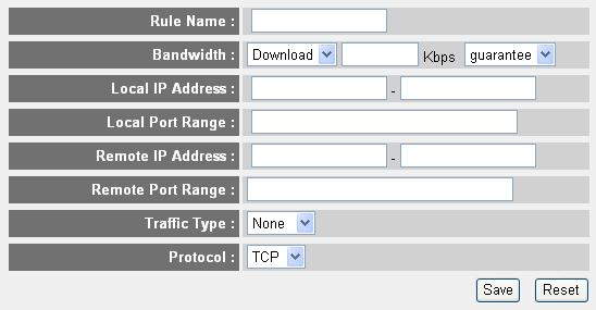 3-1-2 Add a new QoS rule After you click Add button in QoS menu, the following message will appear: Here are descriptions of every setup items: Rule Name: Bandwidth: Local IP Address: Local Port