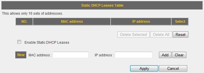 Item Name Enable Static DHCP Leases MAC Address IP Address Add Clear Check this box to enable the function.