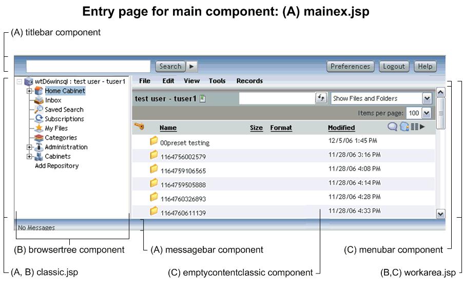 Configuring and Customizing Webtop Figure 39, page 454 shows the default entry page in Webtop. The index page at the root of the Webtop application loads the main component, displayed by mainex.jsp.