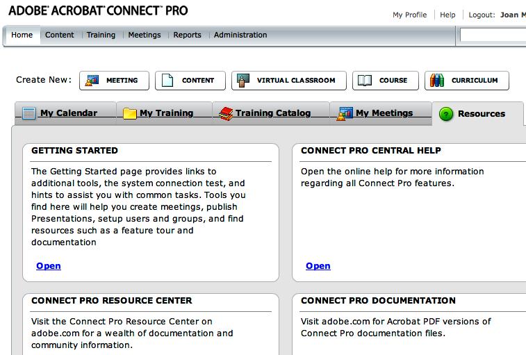 If you have problems, contact Cassie Nii catshim@ksbe.edu or Joan Matsukawa at jomatsuk@ksbe.edu. 2. The Home page opens. There are three toolbars on this page. Click the Resource tab for help. a. Menu toolbar: your primary toolbar, used for managing existing meetings and training and creating new ones.