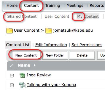 Once there, they will remain even when the meeting is over. To upload content: 1. In the main toolbar click Content. 2.