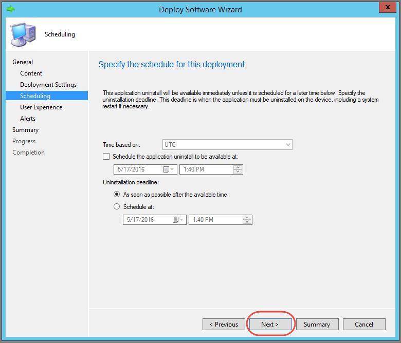 8. In the Specify the schedule for this deployment window, select a specific schedule to begin the uninstall or leave the default and then click Next as shown in Figure 71 Figure 71 9.