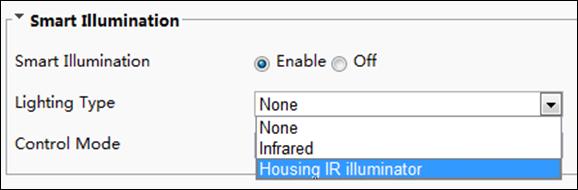 The Web interface of certain network camera model is displayed as follows. Follow steps below to configure the illumination parameters. 2. Select the correct IR control mode and set the parameters.