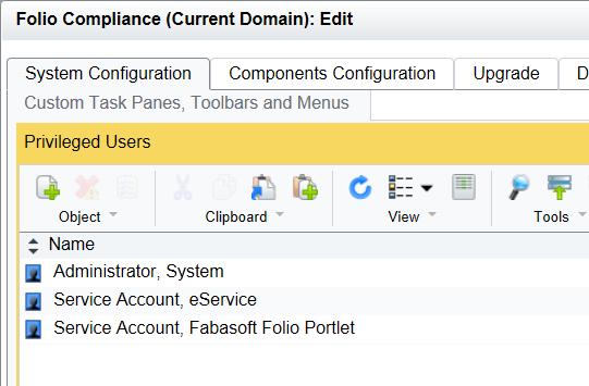 Verify if a user object for the portal service user exists in the Fabasoft Folio Domain. Open the Current Domain object.