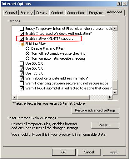 6 Fabasoft Folio Portlet Configuration 6.1 Prerequisites When using Microsoft Internet Explorer, verify if the Enable native XMLHTTP support check box is selected.