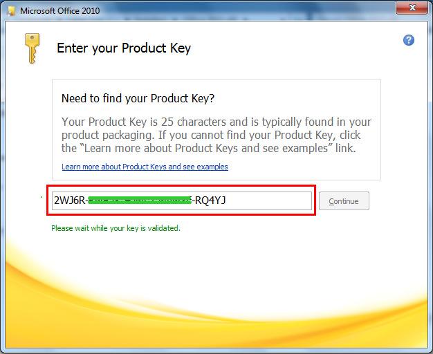 Type your Office 2010 Product Key into the highlighted box below.