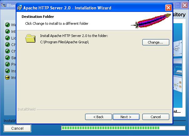 Installation Web Server 6. The Apache Destination Folder screen is presented.