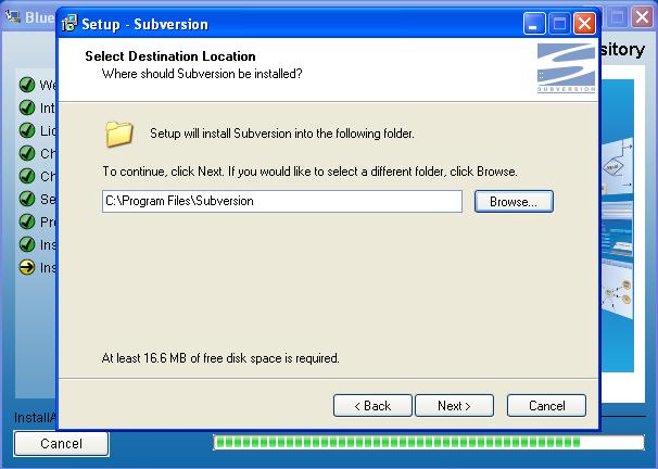 Installation - Repository 5. The Subversion Select Destination Location screen is presented.