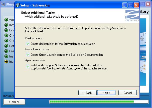 Installation - Repository 7. The Subversion Select Additional Tasks screen is presented. Ensure the Apache Module: Install and configure Subversion modules is selected for installation.