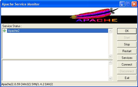 Troubleshooting Restart Apache This assumes Apache is running as a Windows Service. 1. Select Start > Programs > Apache HTTP Server 2.0.59 > Control Apache Server > Restart Apache or alternatively: 2.