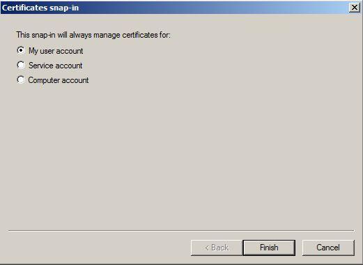 In the Certificates snap-in dialog box, select My user account, and then click Next.