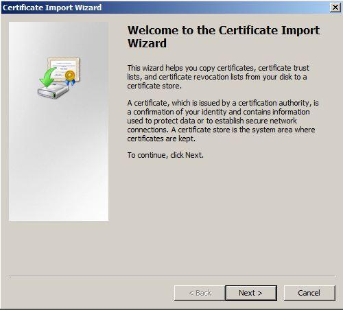 A Certificate Import Wizard opens.