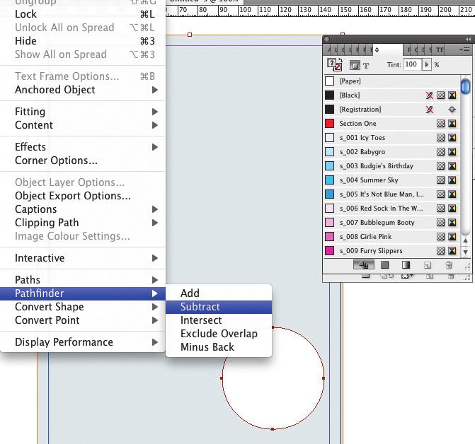 Select both the rectangle and the circle and go to: Object > Pathfinder > Subtract in InDesign to punch out the circle from your rectangle (see Fig. 14).