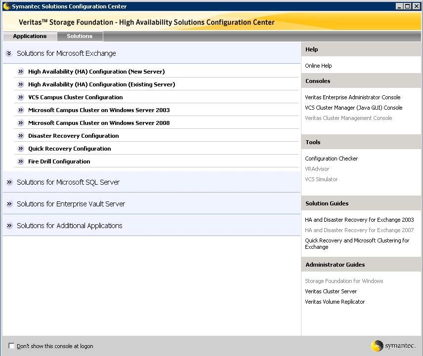 Using the Solutions Configuration Center Available options from the