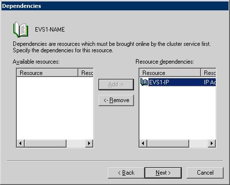 212 Deploying SFW with MSCS: New Exchange installation Creating an Exchange virtual server group (Exchange 2003) 4 In the Dependencies dialog box, select the IP Address resource from the