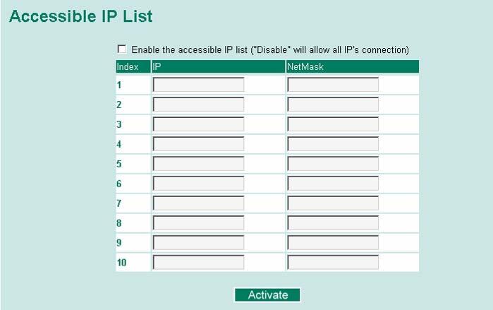 Accessible IP The IKS-6500 uses an IP address-based filtering method to control access. You may add or remove IP addresses to limit access to the IKS-6500.