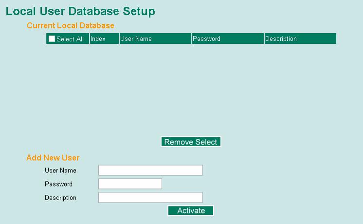 Local User Database Setup When setting the Local User Database as the authentication database, set the database first. Local User Database Setup User Name User Name for Local User Database None (Max.
