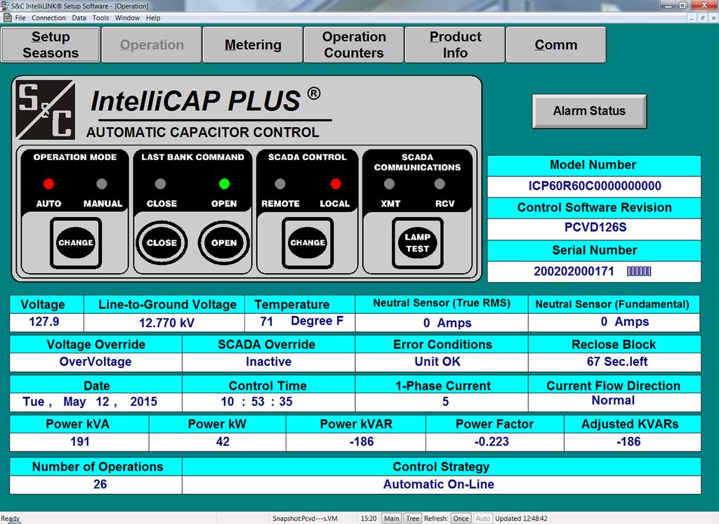 Using IntelliLink Software to Locate Problems Operation Screen The IntelliLink software Operation, Alarm Status, Metering, and Product Information screens helps check the status of the capacitor